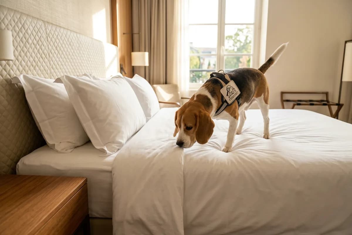 Chien Beagle de détection de Cynodetect inspectant un lit de manière professionnelle et chaleureuse